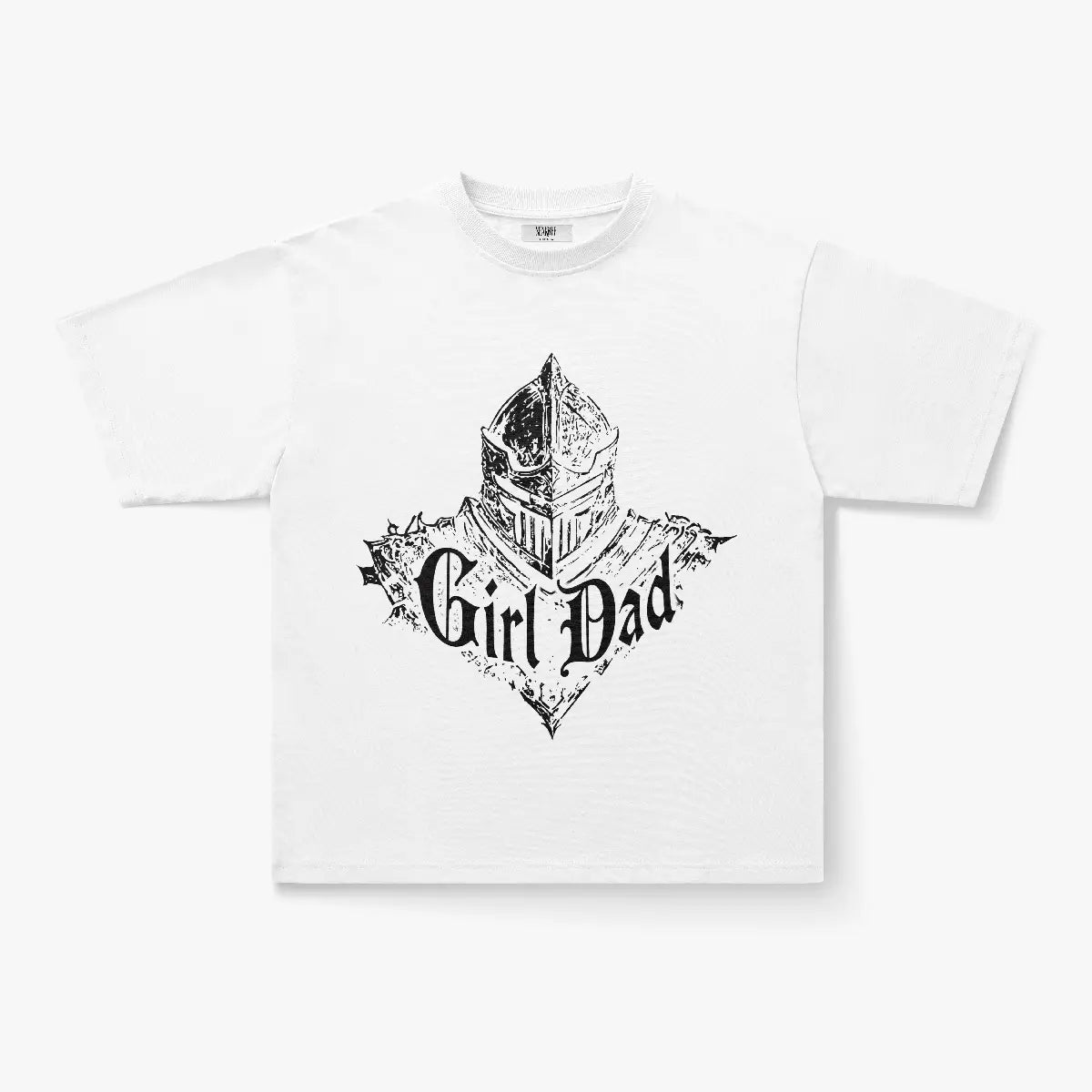 The Girl Dad Medieval Knight Graphic Oversized Black T-Shirt is a heavyweight streetwear tee featuring a knight helmet above bold, ornate text and decorative framing details.