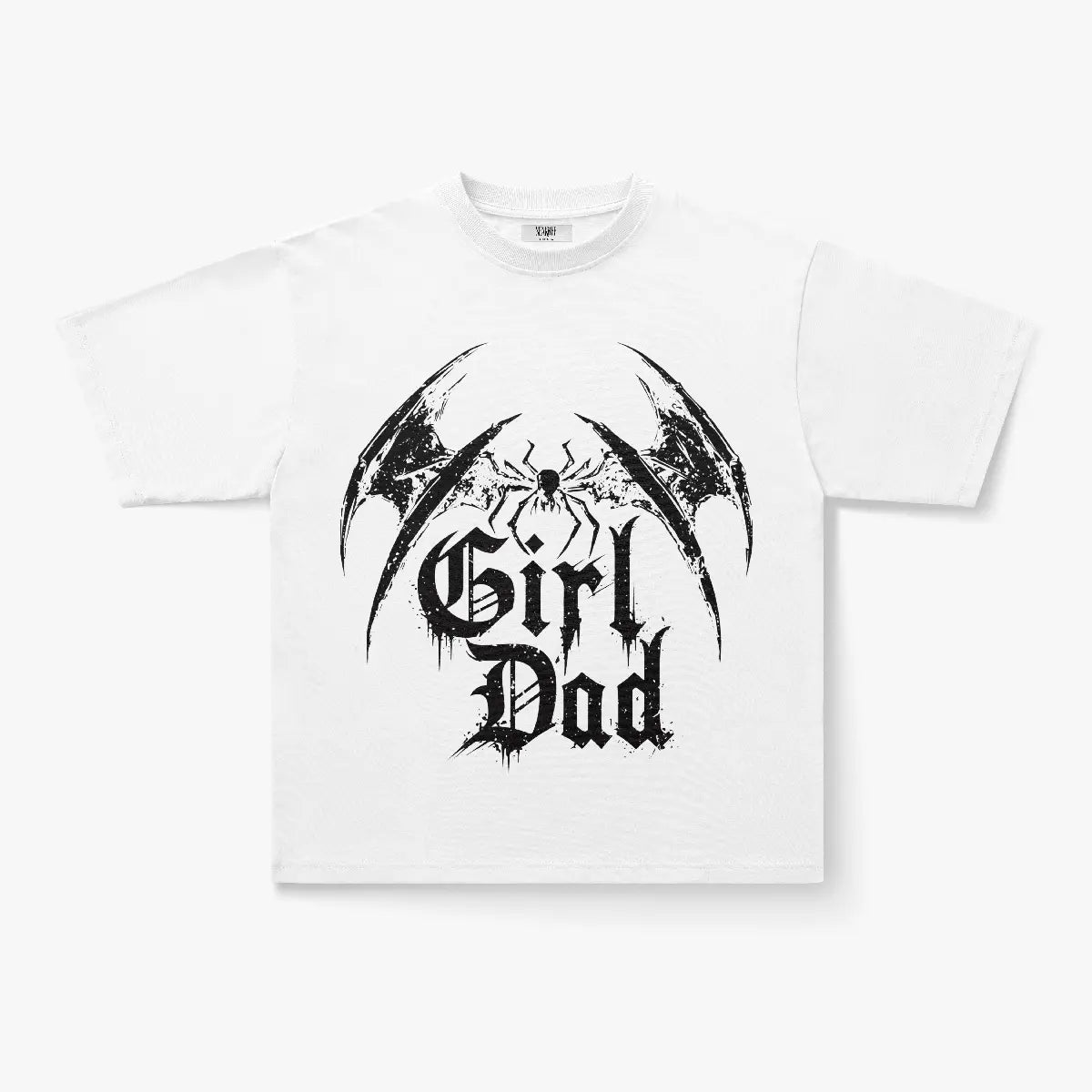 The Girl Dad Gothic Spider Wing Graphic Oversized Black T-Shirt features bold gothic text and abstract, bat-inspired designs—ideal for heavy metal streetwear fans or anyone wanting a standout oversized gothic tee.