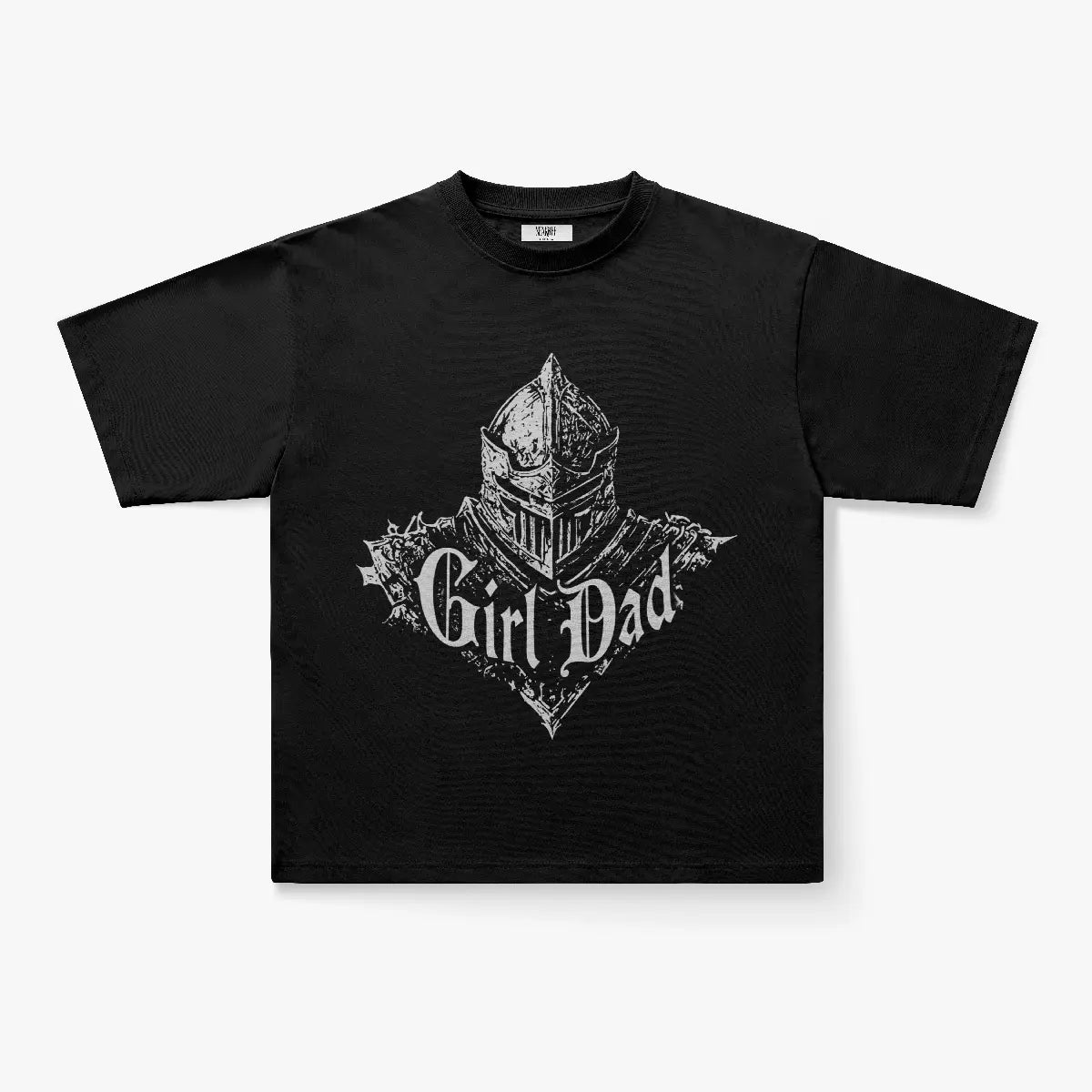The Girl Dad Medieval Knight Graphic Oversized Black T-Shirt features a heavyweight black design with a medieval knight helmet graphic and bold “Girl Dad” in gothic font, set on a vintage-style background—ideal for unique Girl Dad shirt fans.