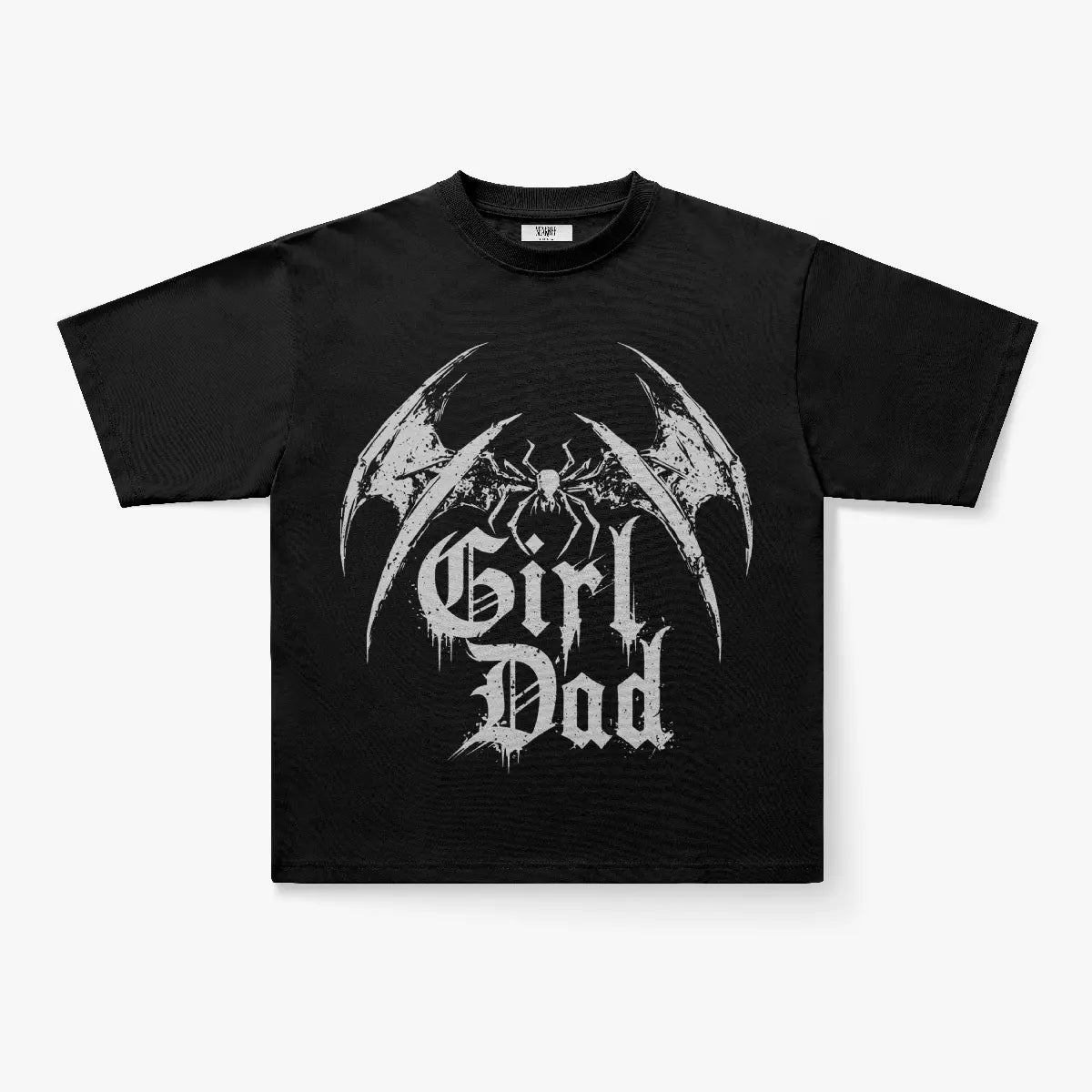 The Girl Dad Gothic Spider Wing Graphic Oversized Black T-Shirt features bold distressed “Girl Dad” lettering, silver wing-like graphics, and a spider above the text—a must-have for fans of gothic style.