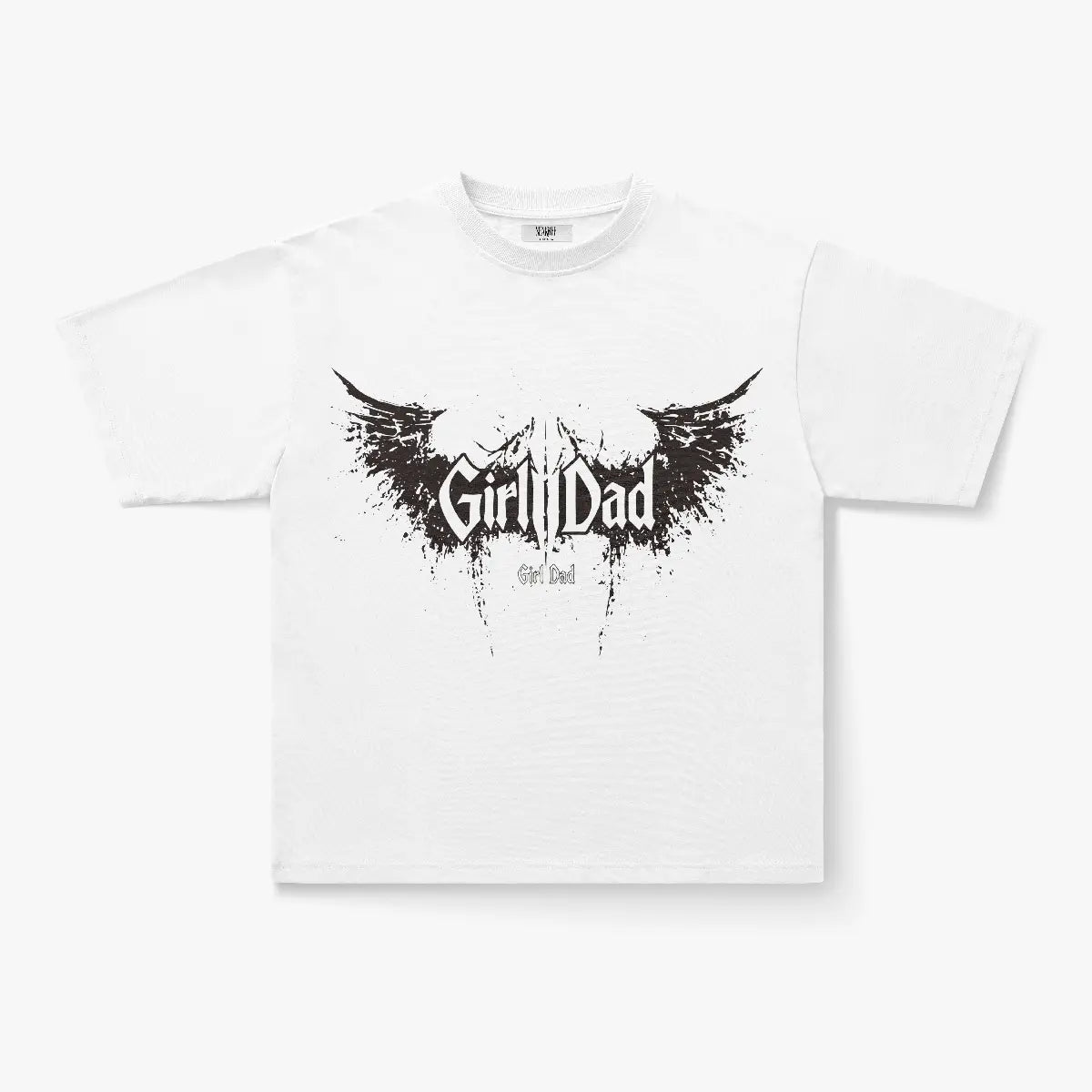 The Girl Dad Dark Wing Splatter Graphic Oversized T-Shirt features a white heavyweight cotton build with a bold black wing graphic and Girl Dad font on the front, perfect for gothic streetwear styles.