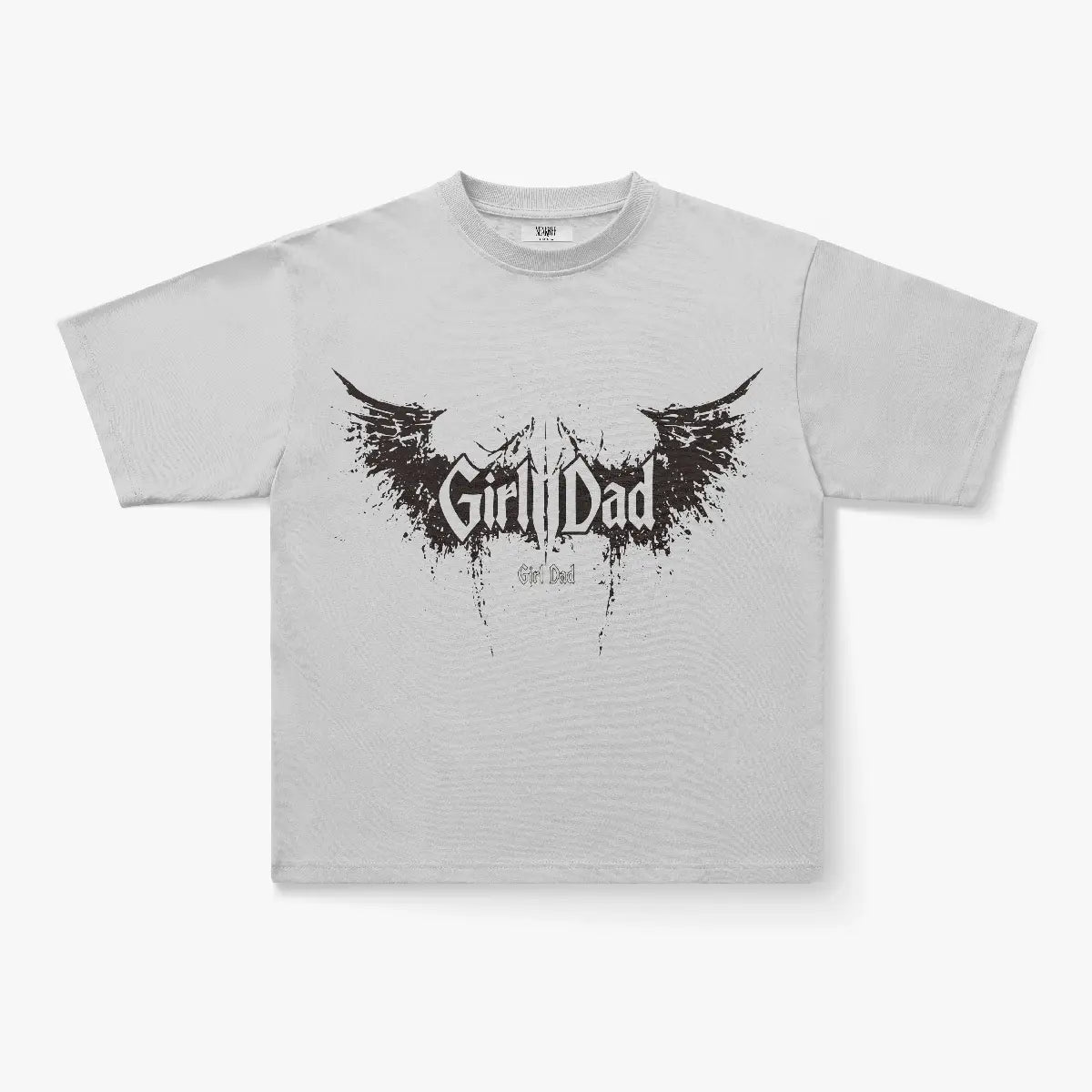 The Girl Dad Dark Wing Splatter Graphic Oversized T-Shirt features bold, wing-inspired graphics and stylized lettering on light gray heavyweight cotton—a must-have for gothic streetwear fans seeking comfort and style.