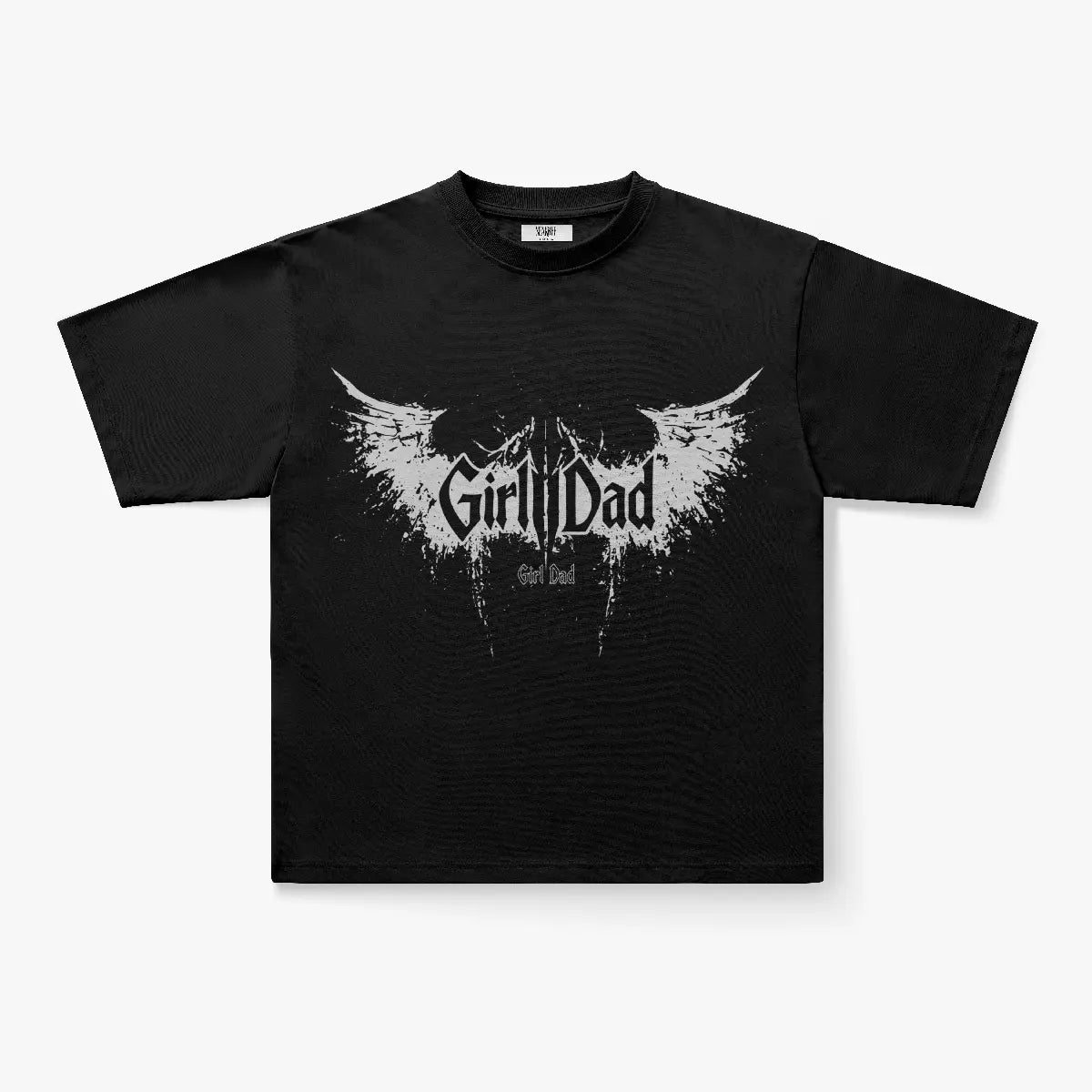 The Girl Dad Dark Wing Splatter Graphic Oversized T-Shirt features a heavyweight cotton build and distressed white graphic with bold gothic text—ideal for fans of edgy streetwear.