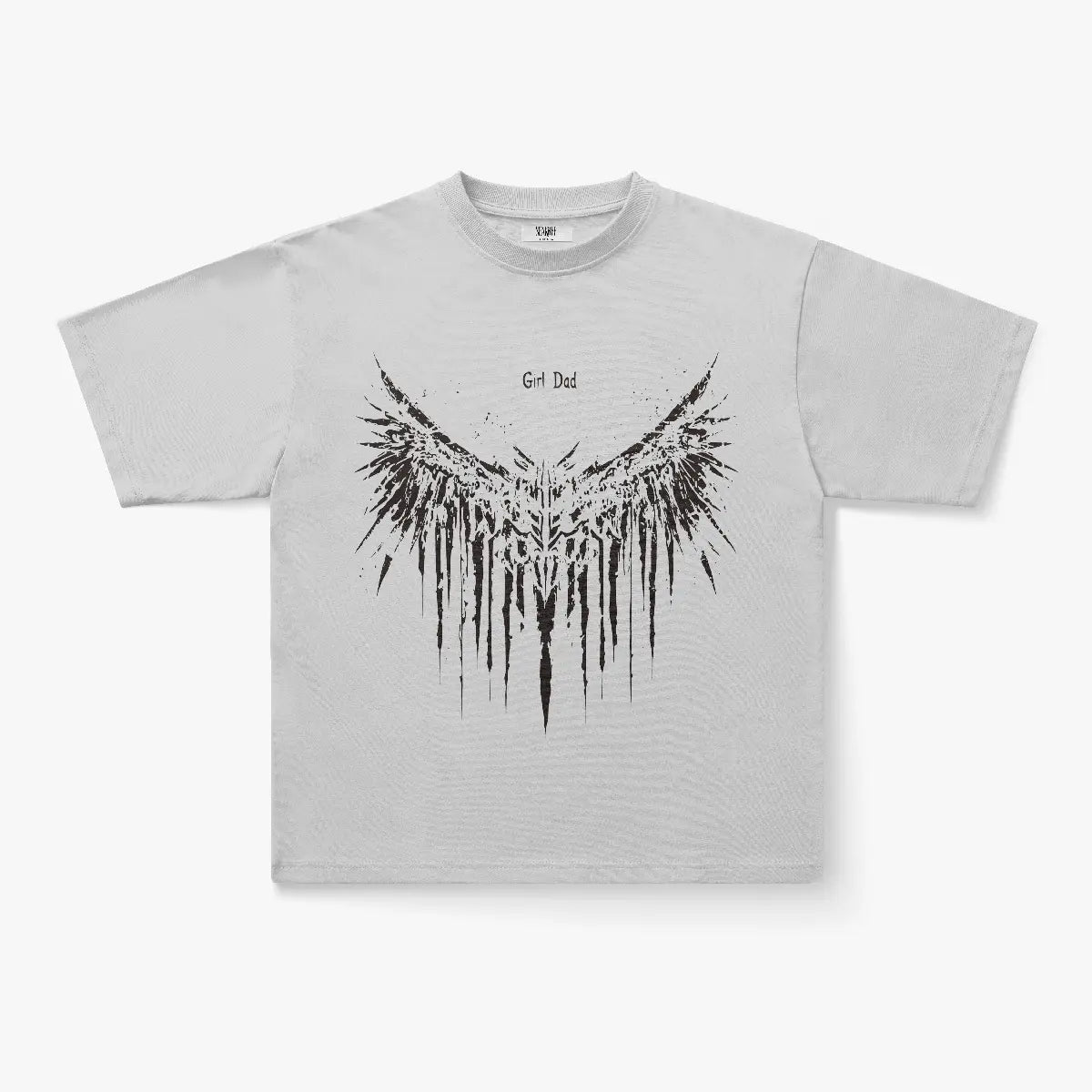 The Girl Dad Dark Angel Wings Oversized Graphic T-Shirt features a bold black abstract wing design on gray, blending gothic streetwear vibes. Shown on a plain white backdrop—ideal for fans of the dark angel wings trend.