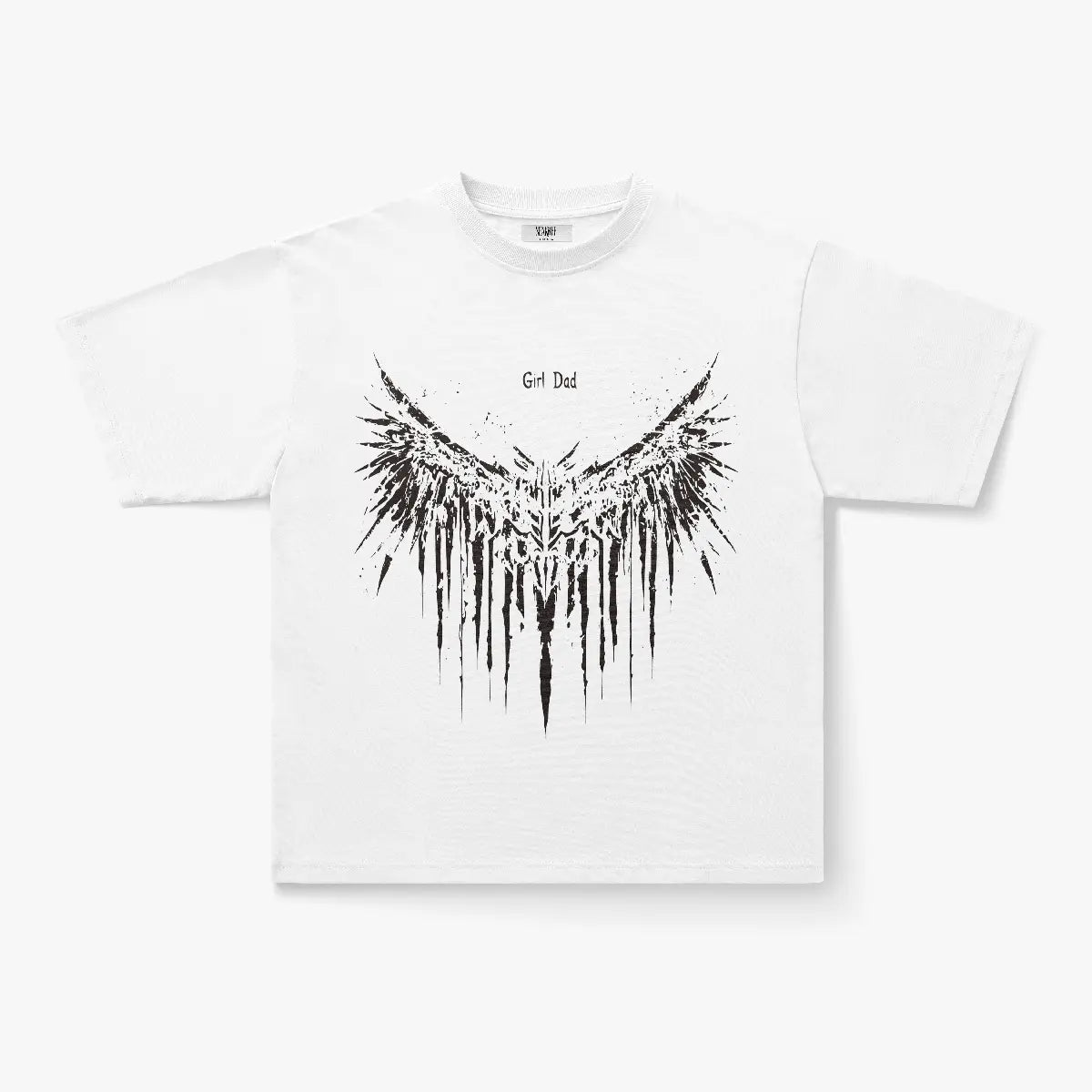 The Girl Dad Dark Angel Wings Oversized Graphic T-Shirt features a black, abstract wing design and "Girl Dad" text—ideal for fans of gothic streetwear.