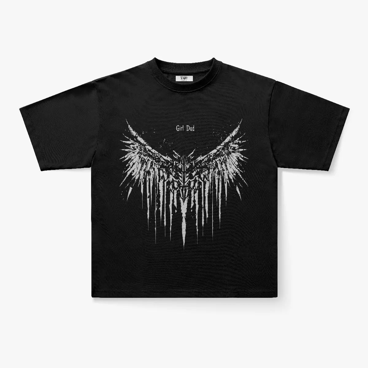 The Girl Dad Dark Angel Wings Oversized Graphic T-Shirt features a loose fit, bold white abstract wings on black, and "Girl Dad" in white above the design—perfect for gothic streetwear style.