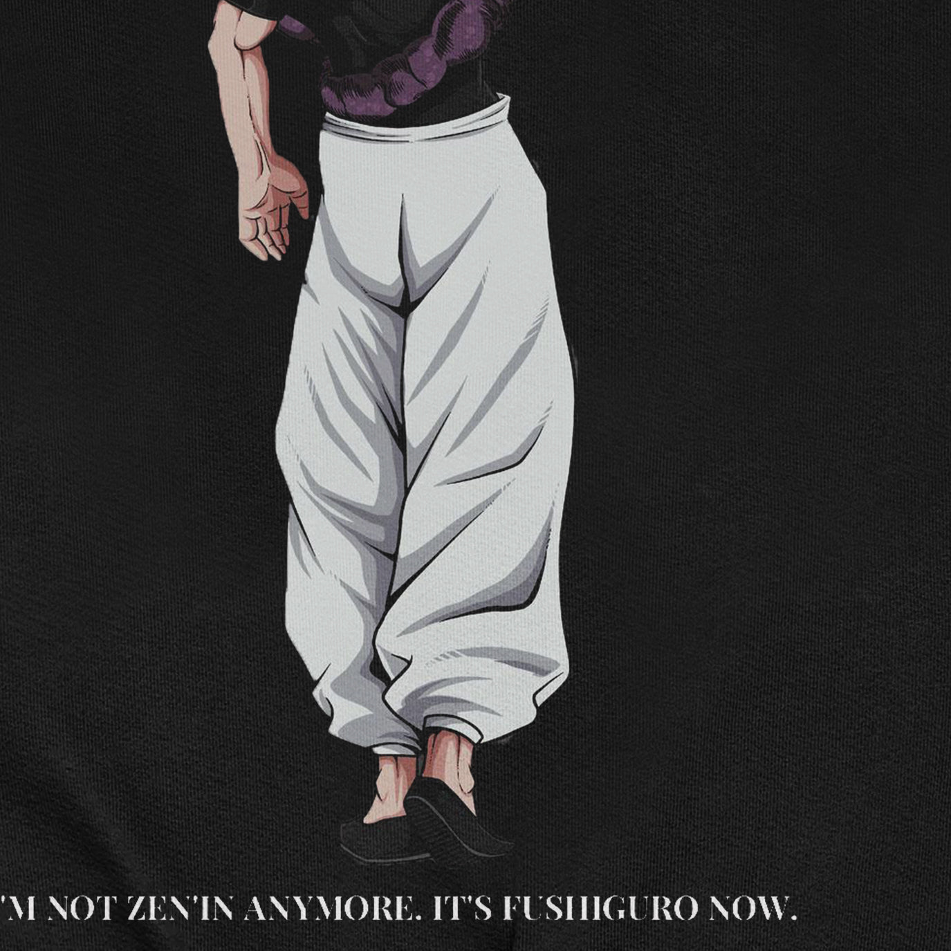 A character with black hair in a bun faces away, wearing a sleek Jujutsu Kaisen Toji Fushiguro Crewneck Sweatshirt and white pants. The text below reads, "I'm not Zenin anymore. It's Fushiguro now.
