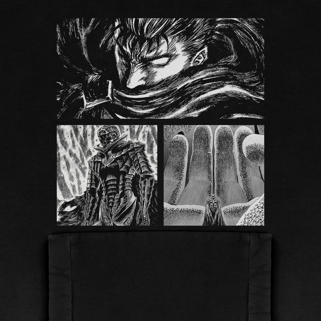 This black and white Berserk Manga Panel Hoodie features a captivating close-up of an intense-eyed figure, another in detailed armor that echoes the dark fantasy series' essence, and a small character amid large organic structures, all highlighting the depth of Berserk's streetwear aesthetic.