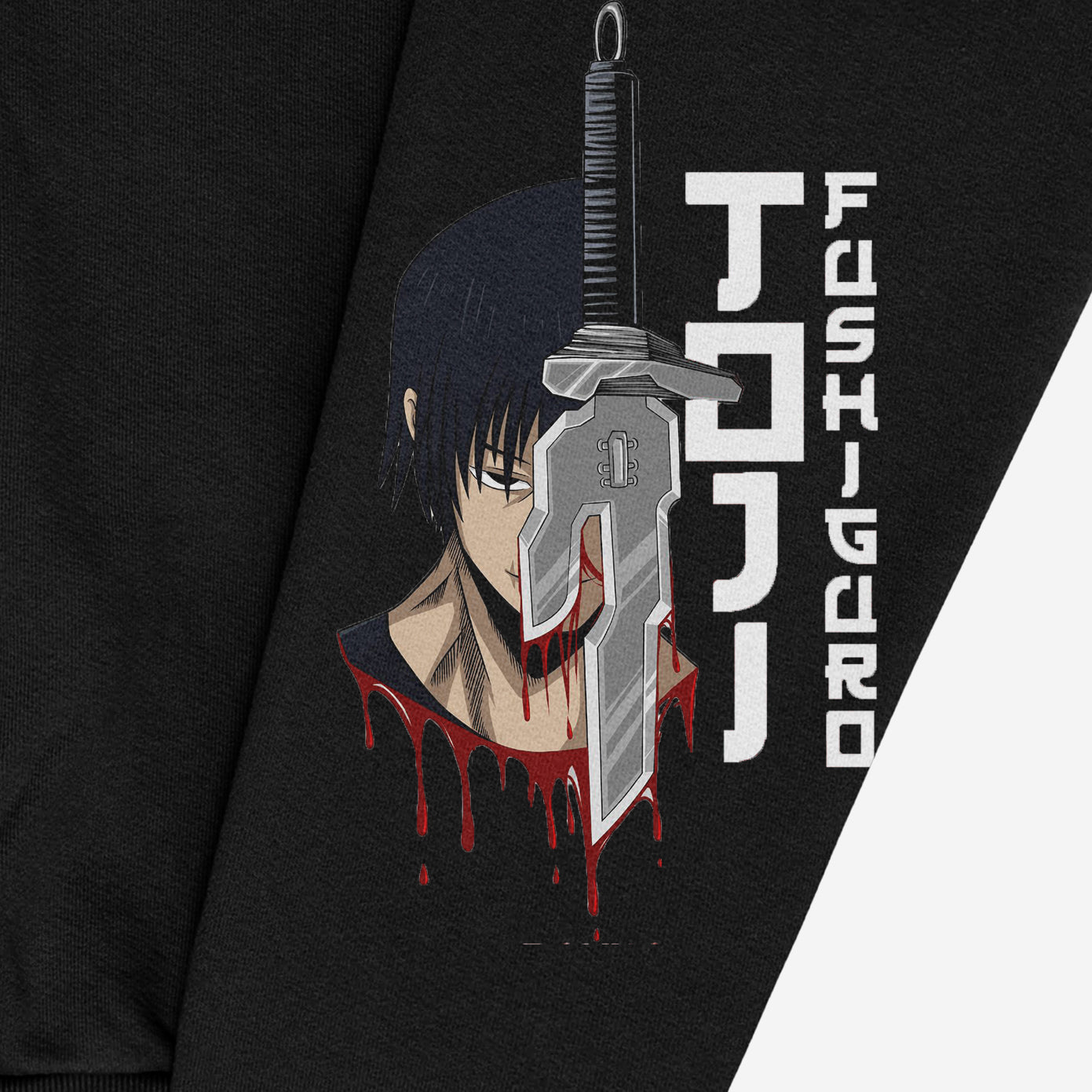 The Jujutsu Kaisen Toji Fushiguro Crewneck Sweatshirt features a stylized character with dark hair wielding a metallic sword dripping in red, and bold white text reading &quot;Toji Fushiguro,&quot; embodying the essence of anime streetwear.