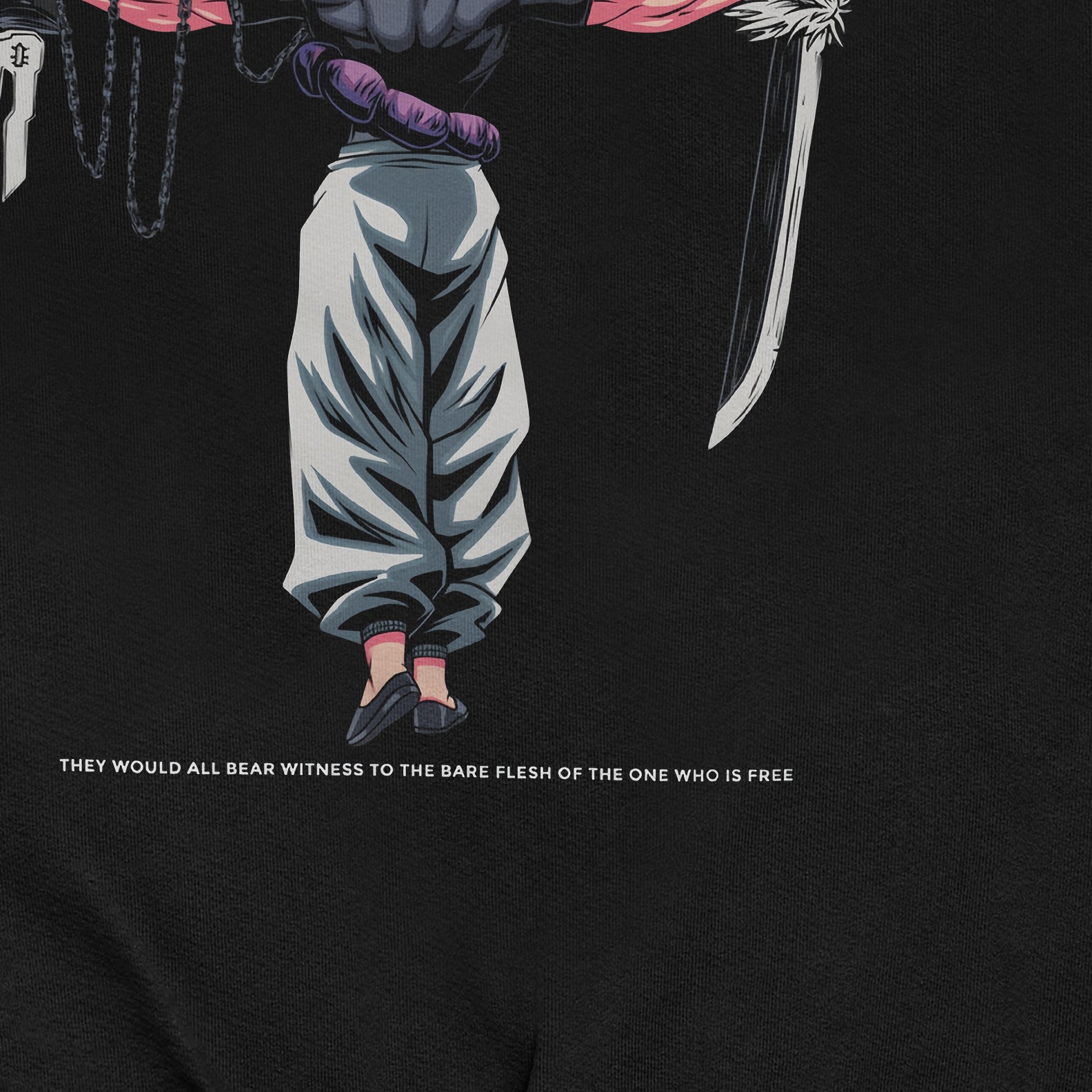 An illustration of a person in white pants holding a sword with pink energy or fabric flowing from their back captures anime streetwear's essence. Below, it reads: "THEY WOULD ALL BEAR WITNESS TO THE BARE FLESH OF THE ONE WHO IS FREE." Product: Jujutsu Kaisen Toji Fushiguro "Behind" Crewneck Sweatshirt – Black.