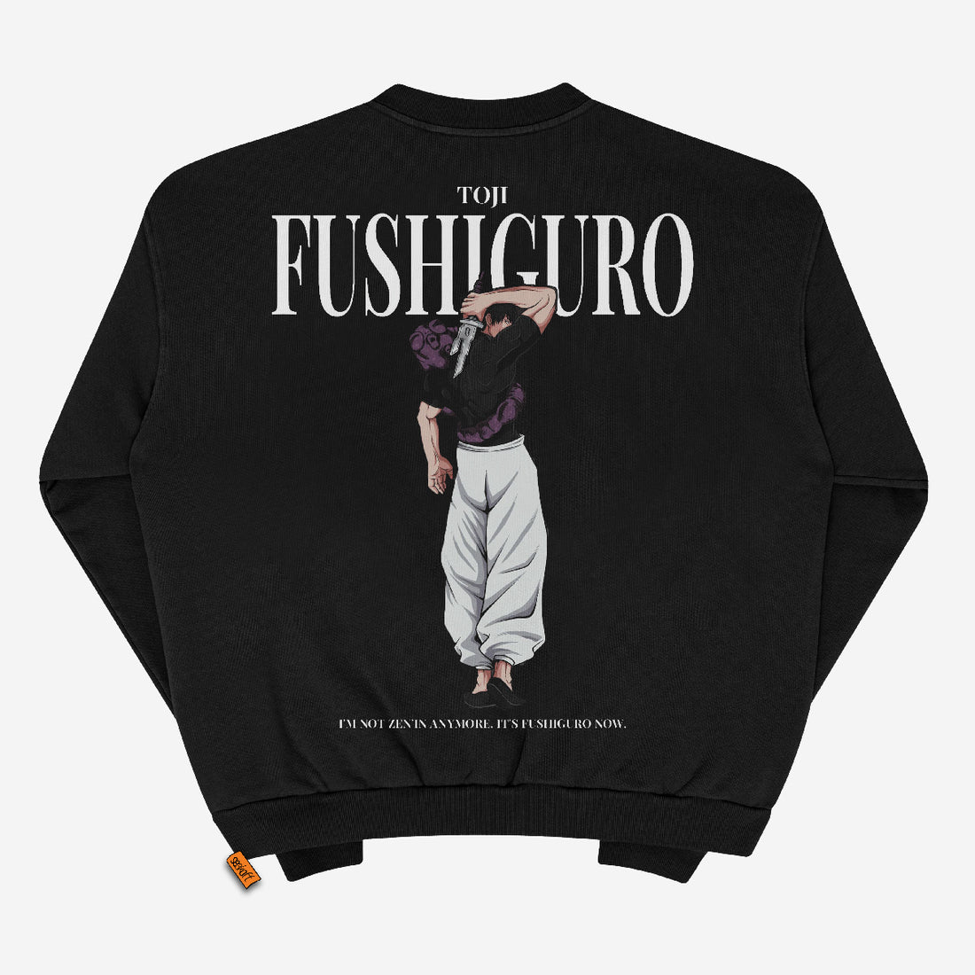 The Jujutsu Kaisen Toji Fushiguro Crewneck Sweatshirt in black features Toji with a weapon and the quote, "I&