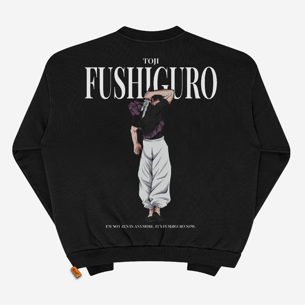The Jujutsu Kaisen Toji Fushiguro Crewneck Sweatshirt in black features Toji with a weapon and the quote, "I'm not Zenin anymore. I'm Fushiguro now," epitomizing anime streetwear. A small orange tag on the hem adds style.