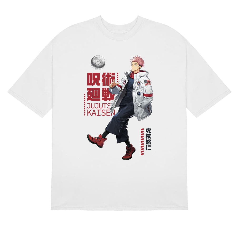 High-quality Jujutsu Kaisen Yuji Itadori NASA T-Shirt featuring a pink-haired character kicking a soccer ball in a white jacket and black pants, with Japanese text and the show&