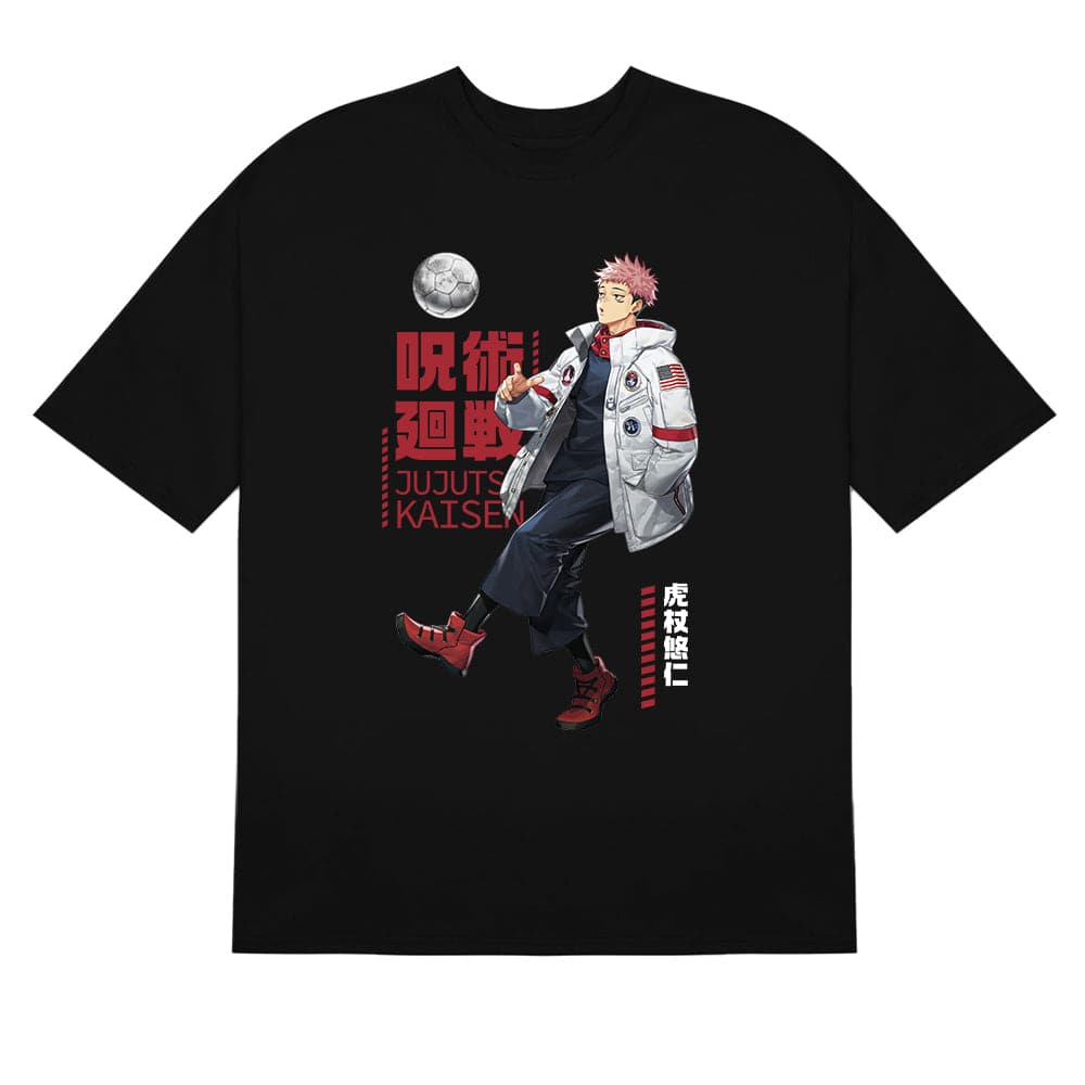 Black Jujutsu Kaisen Yuji Itadori NASA T-Shirt, crafted from high-quality cotton, showcases an anime character in dynamic pose with a white jacket, red shoes, bold red and white &quot;JUJUTSU KAISEN&quot; text, and a small moon graphic nearby for added intrigue.